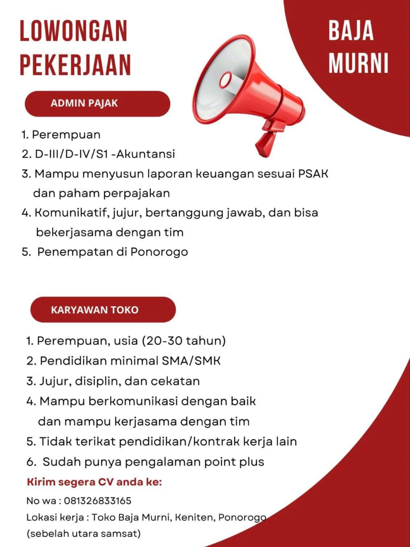 Lowongan Pekerjaan Admin Pajak & Karyawan Toko - Baja Murni